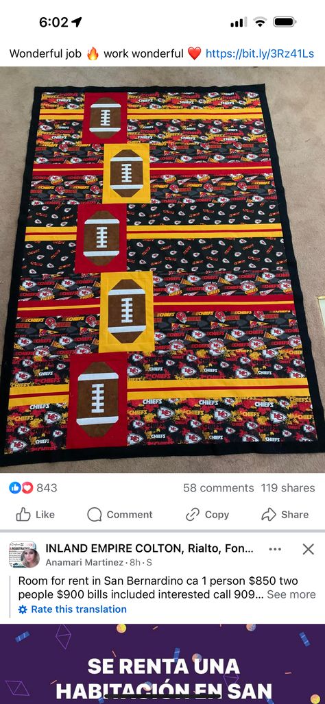 Chiefs Quilt, Baseball Quilts, Baseball Quilt, Quilt Wall Hanging, T Shirt Quilt, Quilt Wall, Plaid Quilt, Football T Shirt, Job Work