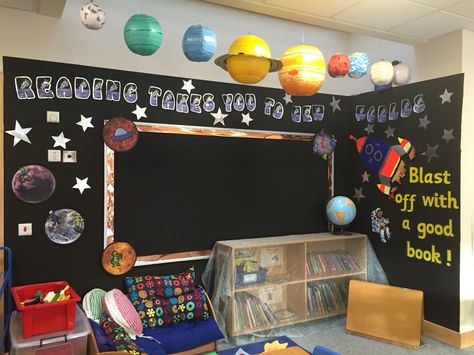 Space theme book corner Space Themed Reading Corner, Space Book Fair Theme, Rainbow Reading Corner, Space Reading Corner, Book Corner Classroom, Esl Classroom Decor, Hero Classroom Theme, Rainbow Theme Classroom, Space Theme Classroom