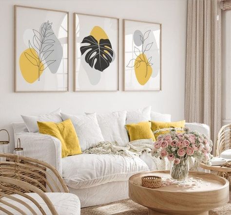 Neutral And Yellow Living Room, Pale Yellow Living Room Ideas, Yellow Aesthetic Living Rooms, Living Room With Yellow Accents, Diy Clothesline, Clothesline Outdoor, Yellow Walls Living Room, Boho Wall Prints, Yellow Decor Living Room