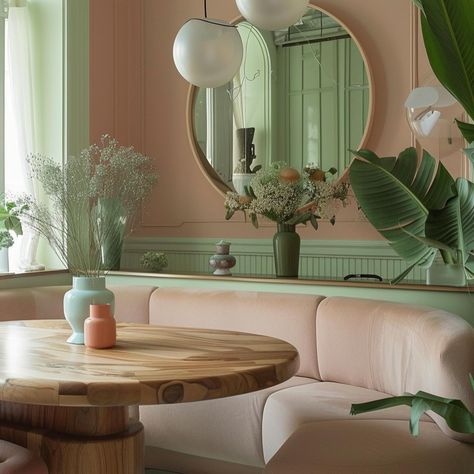 Pastel Pink and Green makes for a cute and calming atmosphere Pink And Green Interior, Green Cafe, Blue Cafe, Green Interior Design, Calming Atmosphere, Orange Aesthetic, Pink Interior, Green Interiors, Green Baby