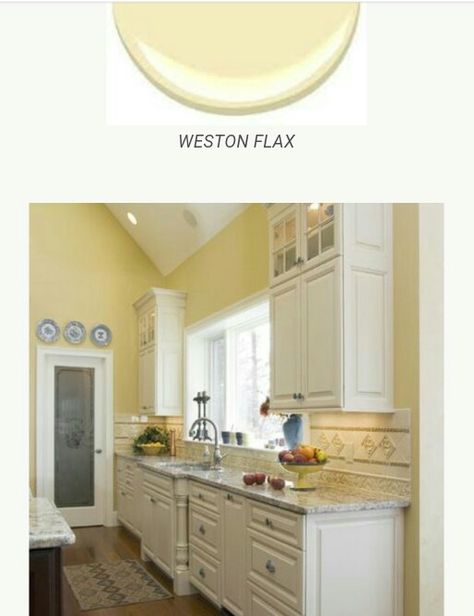 Weston Flax - Benjamin Moore for the living room and open kitchen area. Yellow Cabinets Kitchen, Light Yellow Kitchen, Interior House Painting, Yellow Kitchen Designs, Easter Kitchen, Yellow Paint Colors, Yellow Cabinets, Kitchen Design Color, Paint Color Inspiration