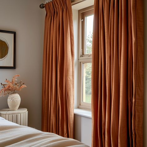 Orange for Autumn? How original. But we love it. Orange Blinds Bedroom, Burnt Orange Blinds, Orange Curtains Aesthetic, Burnt Orange Curtains, Linen Blind, Burnt Orange Fabric Texture, Roller Blinds Design, Traditional Orange Semi-stitched Embroidered Fabric, Bay Window Curtains