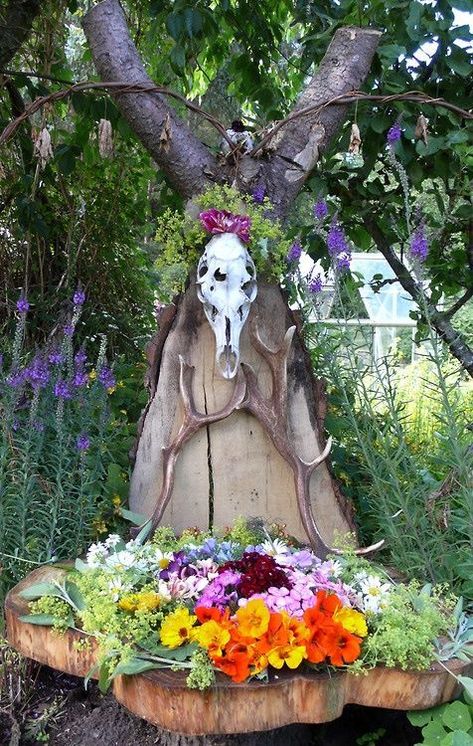 Sacred Space Altar, Witchy Garden, Tattoo Plant, Pagan Festivals, Witch Garden, Witches Altar, Animal Skull, Pagan Altar, Beltane