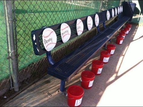 Dug Out ideas name tag baseball plates in batting order buckets full of goodies and water Tball Dugout Organization, Baseball Buckets For Dugout, Tball Coach, Dugout Mom, Dugout Organization, Softball Dugout, Softball Team Mom, Baseball Plate, Baseball Treats