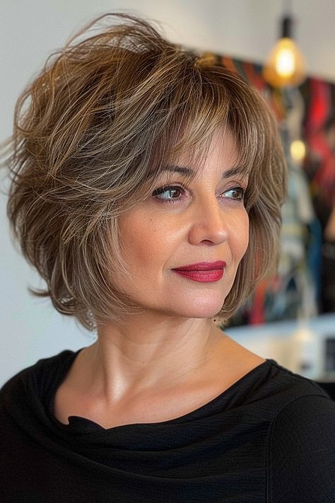 A woman with a layered feathered bob and peek-a-boo bangs highlighted in honey tones. Textured Bob With Bangs Fine Hair, Feathered Shag Haircut, Feathered Bob With Bangs, Shaggy Bob For Fine Hair Over 50, Across Bangs, Bob Hair Cuts, Flippy Hair, Bobbed Hairstyles With Fringe, Honey Highlights