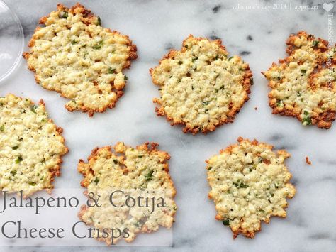 Jalapeno and Cotija Cheese Crisps [Valentine's Day 2014] | from tastessogoodblog.blogspot.com Fried Pepper Jack Cheese Cubes, Pioneer Woman Jalapeno Cheese Crisps, Queso Pepper Jack Cheese, Vegan Pepper Jack Cheese, Cotija Cheese Recipes, Cheese Crisps, Cotija Cheese, Low Carb Keto Recipes, Small Bites