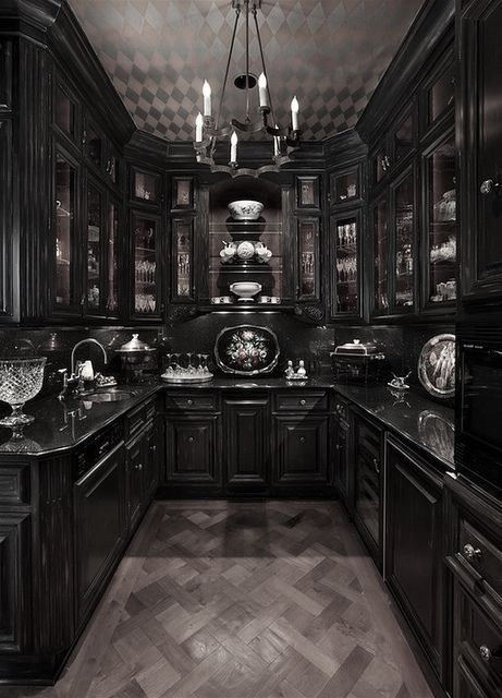 Gothic House Interior Kitchen, Vampire Kitchen Aesthetic, Dark Castle Kitchen, Vampire House Aesthetic, Vampire Kitchen, Black Victorian House, Witch Home Aesthetic, Goth Mansion, Royalty Dr