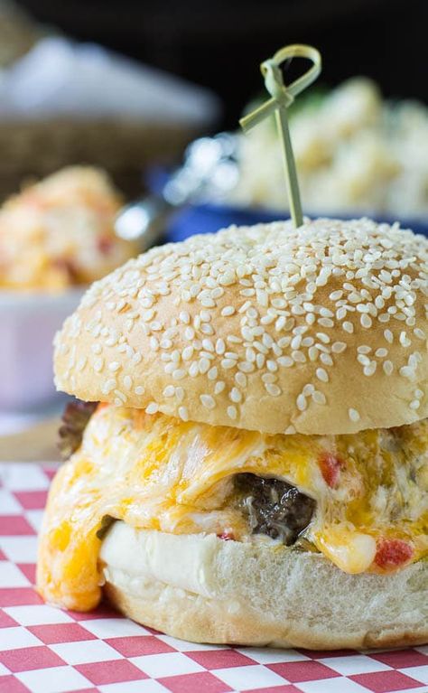 Pimiento Cheese Burger #recipe Pimento Cheese Burger, Cheese Burger Recipe, Southern Pimento Cheese, Spicy Southern Kitchen, Cheese Burgers, Pimiento Cheese, Cheeseburger Recipe, Sandwich Ideas, Burger Sliders