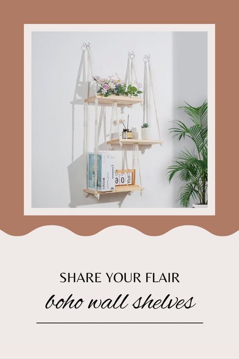 Hanging bohemian style shelves Boho Book Shelf, Boho Wall Shelf, Boho Shelves, Macrame Wall Hanging Shelf, Corner Storage Shelves, Wall Hanging Shelf, Macrame Shelf, Wall Decor Storage, Hanging Bedroom