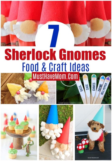 Sherlock Gnomes crafts and food ideas for gnome party. Fun kids activities! #SherlockGnomes #Gnomes #kidsactivities #party #partyideas #partyfood #crafts #kidsparty Gnome Birthday Party Games, Gnome Christmas Food, Gnome Games For Kids, Gnome Christmas Party Theme, Gnome Birthday Party Ideas, Gnome Party Games, Gnome Party Food, Gnome Party Ideas, Gnome Activities