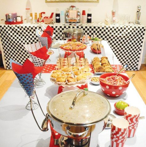 Playful “Retro Diner” Inspired Birthday Party Easy Themes, Diner Birthday Party, Mom 50th Birthday, 1950s Party Ideas, Retro Dinner Party, Dinner Party Menu Ideas, 50s Birthday, Party Menu Ideas, 50s Theme