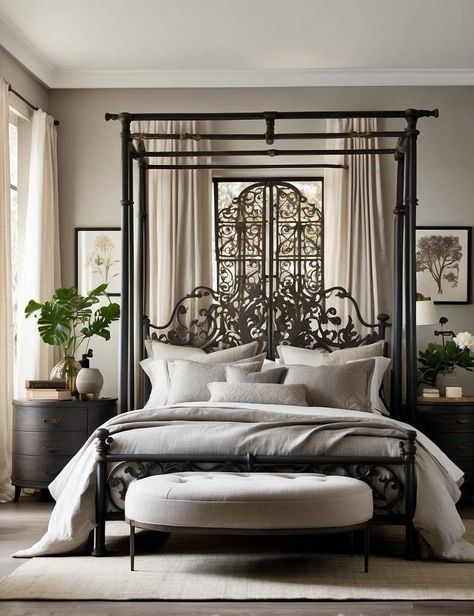 47 Master Bedroom Decorating Ideas with Iron Beds Wrought Iron Headboard Bedroom, Bedrooms With Iron Beds, Black Iron Bed Decor, Wrought Iron Bedroom, Black Iron Beds, Iron Metal Bed, Decorated Bedroom, Wrought Iron Headboard, Iron Canopy Bed