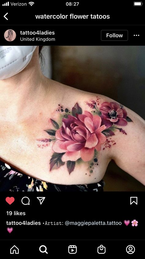 Colour Flowers Tattoo, Semi Realistic Tattoo, Realistic Peony Tattoo, Cover Up Tattoos Floral, Flower Thigh Tattoos Color, Colorful Shoulder Tattoo, Realistic Floral Tattoo, Floral Back Shoulder Tattoos For Women, Shoulder Tattoo Colorful