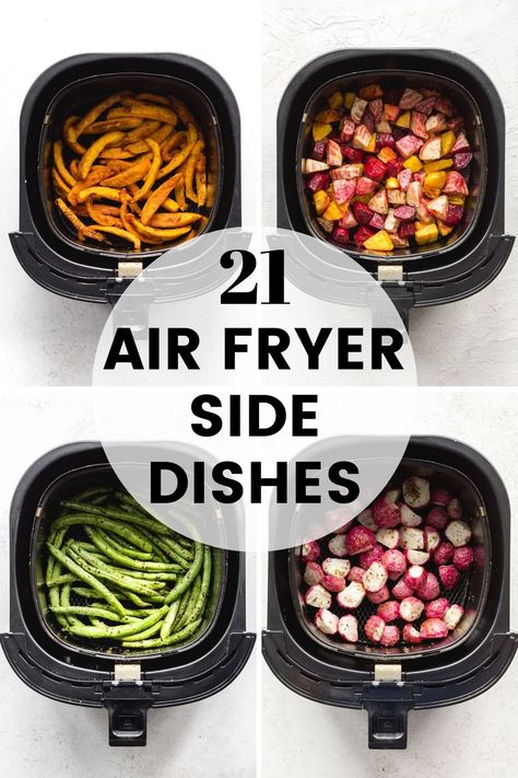 Collage of four images of side dishes in an air fryer basket. Veggie Side Dishes Air Fryer, Side Dishes In Air Fryer, Air Fryer Side Dishes Healthy, Easy Weeknight Side Dishes, Air Fryer Freezer Meals, Vegetable Side Dishes Air Fryer, Weeknight Side Dishes, Air Fryer Sides, Side Dishes Air Fryer