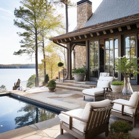 A home tour of this luxury stone lake house that stands as a testament to timeless elegance and natural beauty. Design:… | Instagram Modern Farmhouse Furniture, Modern Mountain Home, Modern Ranch, Lakefront Homes, Beauty Design, More Design, Mountain House, House Tour, Home Tour