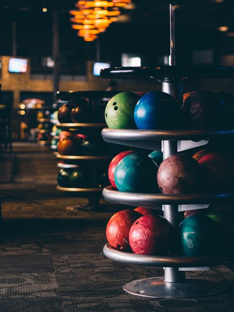 photo by Nick Stanley:  Bowling balls Bowling Pictures, Studio Music Room, Bowling Games, Only Aesthetic, Bowling Balls, Bowling Alley, Bowling Ball, Original Wallpaper, Night Aesthetic