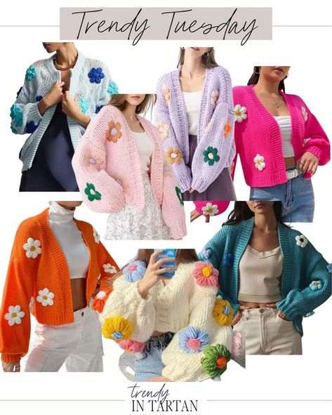 Trendy Tuesday- floral appliqué cardigans! Cardigan, floral cardigan, sweater, spring outfits, spring tops, floral top #LTKfit#LTKstyletip#LTKSeasonal Sweater Spring Outfits, Puff Flower, 2023 Mood, Tartan Fashion, Short Sweater, Flower Shorts, Floral Cardigan, Outfits Spring, Trending Fashion