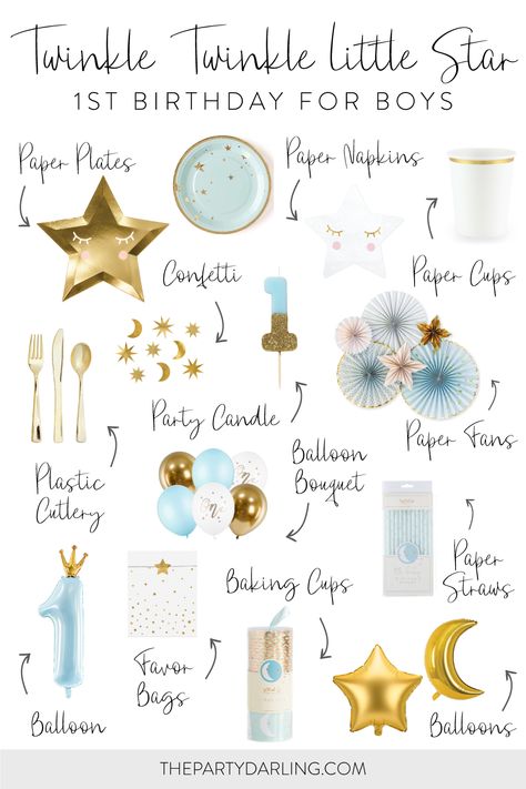 A collage of blue and gold twinkle twinkle little star first birthday party supplies and decorations for a boy. Featuring a gold star plate, a light blue plate with gold stars, white star napkins, and white cups, you'll have a beautiful tablescape. Decorate with a number 1 light blue balloon, gold star and moon balloons, and a light blue and gold balloon bouquet. Top your child's smash cake with a blue and gold number 1 birthday candle. Star Theme 1st Birthday Party, 1st Birthday Star Theme, Twinkle Little Star Birthday, Twinkle Twinkle First Birthday, First Birthday Blue, Moon And Star 1st Birthday Theme, Stars First Birthday Theme, Moon Themed First Birthday Party, Twinkle Star Birthday Theme