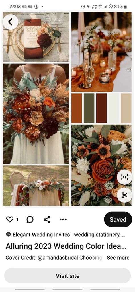 Safe Green And Burnt Orange Wedding, Olive Green And Burnt Orange Wedding, Rust Orange Wedding Color Combos, Green And Burnt Orange Wedding, Wedding Colors Fall, Green And Burnt Orange, Fall Country Wedding, Burnt Orange Wedding, Orange Wedding Colors