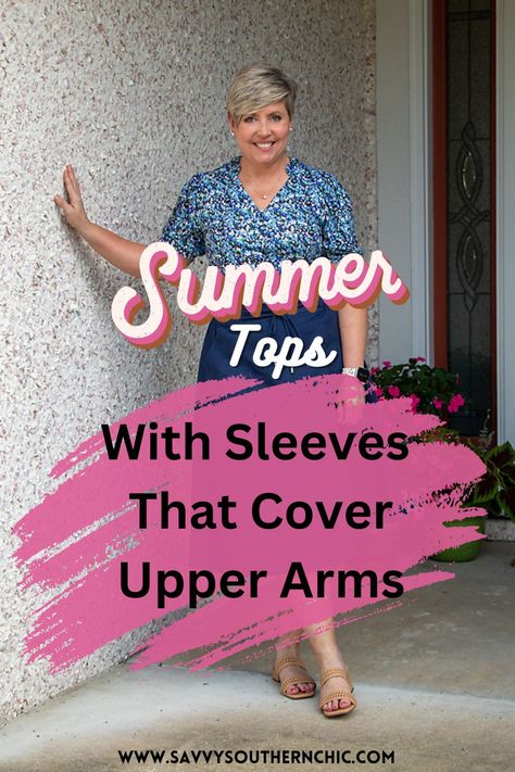 Cute summer tops with sleeves that cover upper arms. Not in love with your upper arms? Don't like sleeveless tops? This round up of tops with sleeves to cover your upper arms is for you. Featuring tops with sleeves to the elbow or just slightly shorter, these summer tops will keep you stylish and confident. Sleeveless For Big Arms, Summer Outfits That Cover Upper Arms, Summer Tops With Sleeves, Tops With Sleeves, Big Arms, Not In Love, Women Chiffon Blouse, Cute Summer Tops, Summer Baby Shower