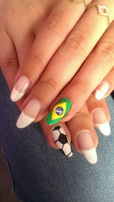 Brazilian Nails Design, Brazil Inspired Nails, Brazil Nails Design, World Cup Nails, Brazil Nails, Soccer Nails, 2014 Nails, Sports Nails, Football Nails