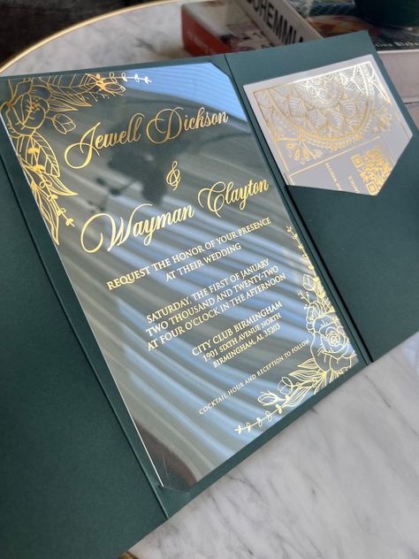 Wedding Invitation Acrylic Invitations Clear Acrylic - Etsy Emerald Green Wedding Invites, Wedding Invitations Green And Gold, Gold And Green Wedding Invitations, Wedding Invitations 2024, Emerald Green Invitation, Glass Wedding Invitations, Acrylic Invitation Wedding, Clear Invitations, Roman Wedding