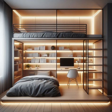 15 Loft Bed Ideas for a Modern and Cozy Look Loft Bed Frame Diy, Loft Bed Ideas For Small Rooms Aesthetic, Loft Bed Room Ideas, Reverse Loft Bed, Loft Bed Ideas For Adults, Queen Loft Bed, Bedroom With Loft, Loft Bed Design, Loft Bed Ideas For Small Rooms