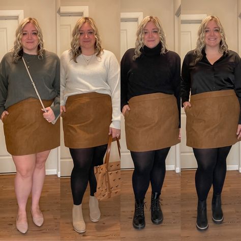 4 Suede Skirt Outfits – J.Crew Factory – Tara Jane Style Suede Skirt Outfit Winter, Brown Suede Skirt Outfit, Skirt Tights Outfit, Brown Skirt Outfit, Suede Skirt Outfit, Corduroy Skirt Outfit, Brown Suede Skirt, Styling Clothes, Short Skirts Outfits