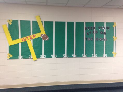 ISTEP bulletin boards. Football theme Football Bulletin Board Ideas, Bulletin Board Ideas Elementary, Football Bulletin Boards, Game Vbs, Sports Vbs, Sports Bulletin Boards, Football Display, Testing Motivation, Sports Theme Classroom