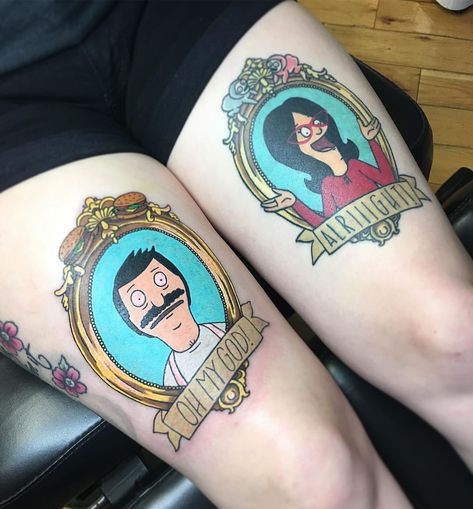 Bob And Linda Couple Tattoo, Bob And Linda Tattoo, Matching Bobs Burgers Tattoos, Bobs Burgers Tattoo Ideas, Bobs Burgers Matching Tattoos, Bobs Burgers Tattoo Louise, Bobs Burgers Couple Tattoos, Bobs Burgers Tattoo, Traditional Bobs Burgers Tattoo