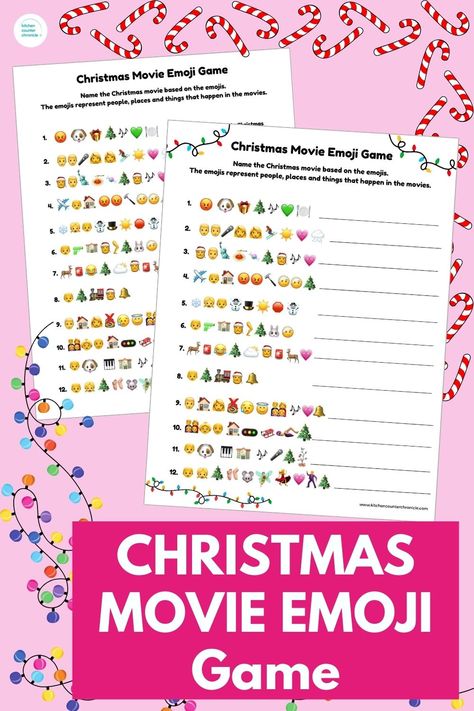 Have fun testing your Christmas movie knowledge with a free printable Christmas movie emoji game. A fun Christmas games for all ages. How many movies can you guess from the emojis?! #christmasgames #emojigame #christmasprintable Guess The Christmas Carol Picture Game, Christmas Family Quiz Free Printable, Christmas Carol Emoji Game, Family Christmas Games Printable, Emoji Christmas Movie Game, Free Christmas Emoji Game, Holiday Printable Games, Christmas Movie Emoji Game Answers, Christmas Song Emoji Game Free