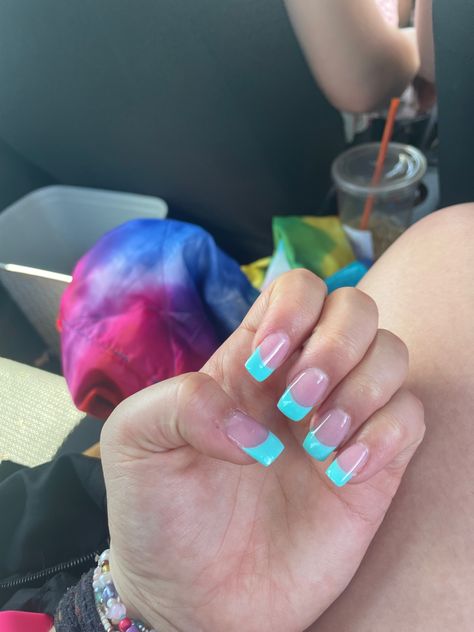 Teal French Tip Nails Square, Torquise Nails French Tip, Teal French Nails, Teal French Tips, Turquoise French Tip Nails, Teal French Tip Nails, Lulu Girls, Girly 2000s, Teal Acrylic Nails