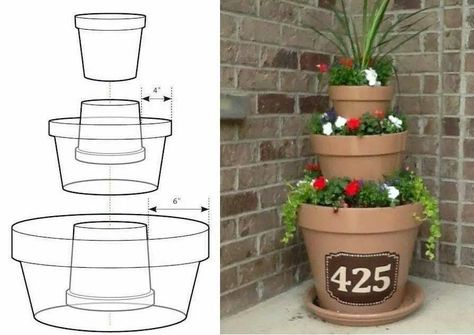 Recycled Planters, Tiered Planter, Porch Flowers, نباتات منزلية, Flower Tower, Front Porch Decorating, Garden Yard Ideas, Clay Pots, Backyard Landscaping Designs