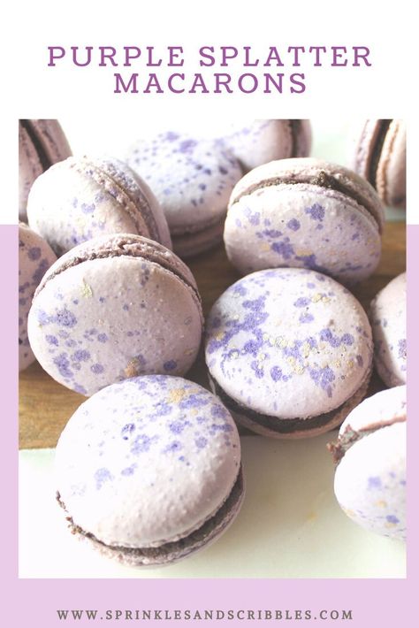 These purple macarons are an easy design that you can decorate on store-bought or scratch-baked macarons to create an elegant look to elevate any gift or dessert table! The metallic paint splatter macarons are made with edible food paint Read on for a tutorial on how to make these purple macarons #purplemacarons #decoratemacarons #splattermacarons Decorate Macarons, Silver Macarons, Purple Macarons, Small Batch Cookie Recipe, Dessert Boards, Small Batch Cookies, Gold Luster Dust, Edible Roses, White Desserts