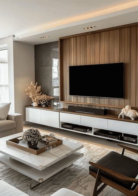 Rustic Tv Wall, Tv Floating Shelves, Built In Media Center, Media Wall Ideas, Tv Wall Decor Ideas, Integrated Lighting, Floating Shelves Living Room, Feature Wall Living Room, Tv Wall Units