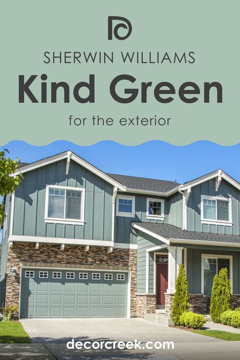 Kind Green SW 6457 Paint Color by Sherwin-Williams Sw Silvermist Exterior, Kind Green Sherwin Williams, Sherwin Williams Nursery, Green Sherwin Williams, Light Green House, Green Exterior Paints, Green Exterior House Colors, Sherwin Williams Gray, Exterior House Remodel