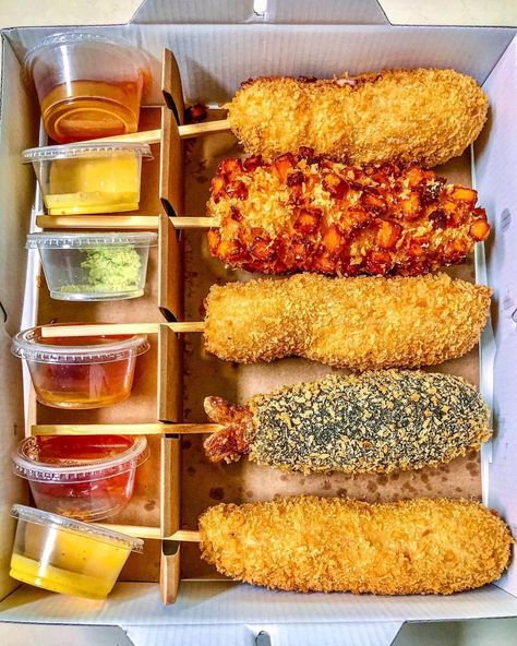 Korean Breakfast, Instagram Korean, Korean Rice, Korean Chicken, Cheese Sticks, Corn Dogs, Boba Tea, Fried Food, Instagram Funny