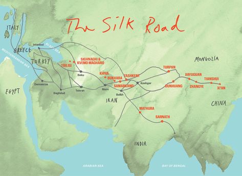 A map illustrating the cities that The New York Times Style Magazine’s contributors journeyed to for the May 17 Travel Issue alongside some of the many routes of the ancient Silk Road. | Map by Daniel Wagner | The New York Times Style Magazine | May 2020 Silk Road Map, Silk Road China, Ancient Explorer, Zheng He, Dunhuang, The Silk Road, T Magazine, Road Map, Silk Road