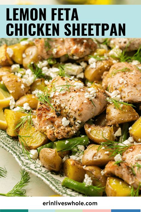 Enjoy a healthy, nutritious, satisfying meal with this Sheet Pan Lemon Feta Chicken. Not only is it delicious, it's also an easy to make, one pan recipe! Lemon Feta Chicken, Mediterranean Sheet Pan, One Pan Recipe, Lemon Green Beans, Feta Chicken, Pan Recipe, One Pan Chicken, Pan Dinners, Pan Chicken