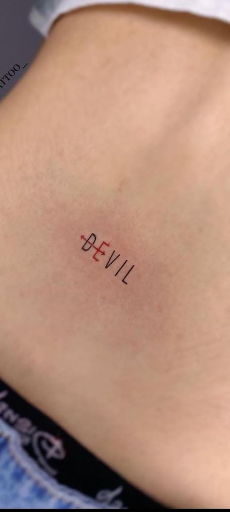 Demon Tatoos Aesthetic, Tattoos Dark Feminine, Demon Word Tattoo, Gothic Small Tattoos, Small Demon Tattoo, Devil Tattoo Demons, Devil Tattoo For Women, Small Devil Tattoo, Nothing Lasts Forever Tattoo