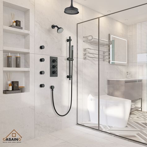 1. This shower system, including a 8-in rainfall shower head, 4-in wall-mount shower, 4 swivel body jets and a hand shower, allowing you to enjoy a variety of shower options. Multihead Shower Master Bath, Shower Body Jets, Shower Systems With Jets, Dual Shower Heads Master Baths Walk In, Dual Shower Heads Master Baths, Shower And Tub Side By Side, Rainfall Shower Ideas, Shower With Body Sprays, Double Shower Head Master Baths