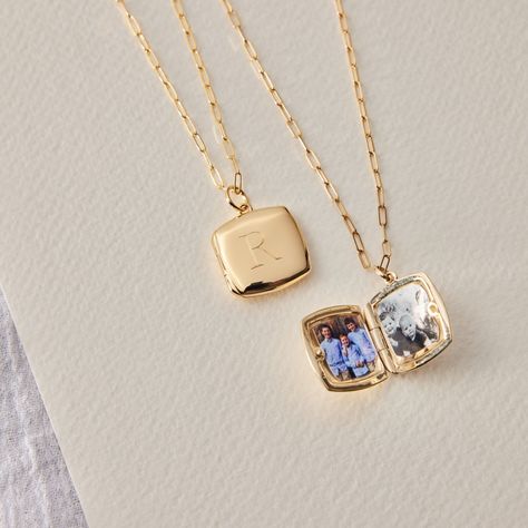 Our new, timeless square locket necklace is an elegant way for you to carry your loved ones close to your heart. Hold pictures of your loved ones or a memento that is special to you. Engrave an initial on the front and up to 3 names or a phrase on the back. available in 10k and 14k yellow gold lockets are engraved using diamond drag technology opens with space inside for 2 pictures, which fit easily inside the locket. See our guide for adding photos to your locket hangs on adjustable length pape Unique Locket Necklace, Lockets Gold, Locket Picture, Gold Lockets, Unique Locket, Mom Necklace Personalized, Sterling Silver Locket, Vintage Lockets, Nameplate Necklace