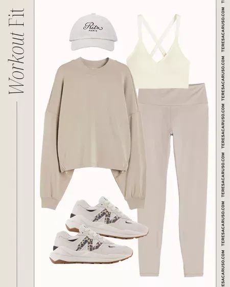 Workout outfit inspo! | Teresa Caruso - athleisure, leggings, sports bra, chic workout outfits, neutral sneakers, neutral workout clothes, working out outfits, workout style Monochromatic Outfit Athleisure, Beige Athletic Outfit, Monochromatic Workout Outfit, Neutral Workout Outfits Women, Neutral Workout Set, Cream Workout Outfit, Neutral Athletic Wear, Neutral Workout Outfits, Classy Workout Outfits