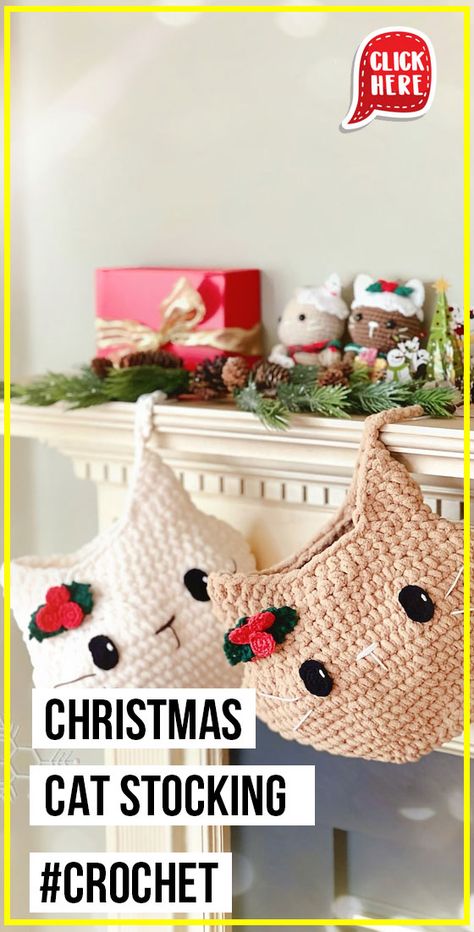 Crochet Christmas Pet Stocking Pattern Free, Crochet Stocking Stuffer Patterns, Christmas Stocking For Cats, Homemade Stocking Ideas, Crochet Cat Christmas Stocking, Crochet Cat Stocking Pattern Free, Crochet Pet Stocking Pattern Free, Simple Crochet Stocking Pattern Free, Crochet Cat Stocking