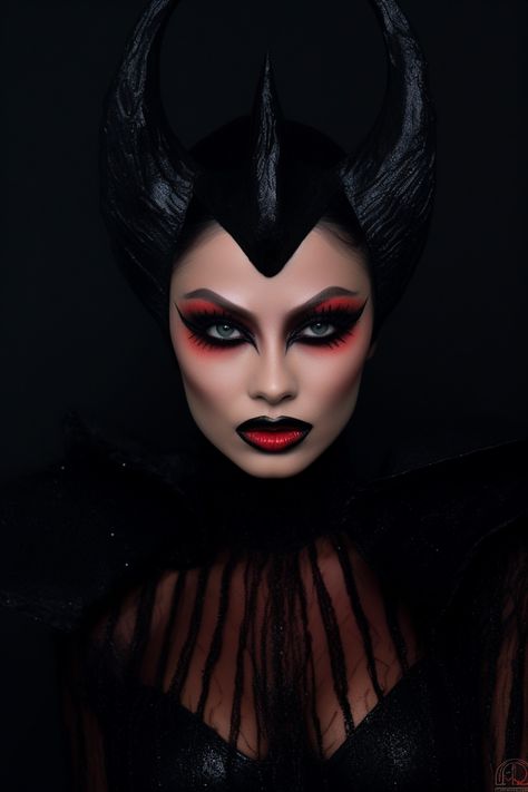 Halloween Malevolent Maleficent makeup inspired by famous Disney villain. follow 👉 @frequentart for more inspirations! Evil Princess Makeup, Princess Of Darkness Makeup, Villans Halloween Costume, Villain Eye Makeup, Dark Queen Makeup Halloween, Maleficent Face Paint, Disney Villain Makeup Looks, Red And Black Witch Makeup, Lilith Makeup Halloween