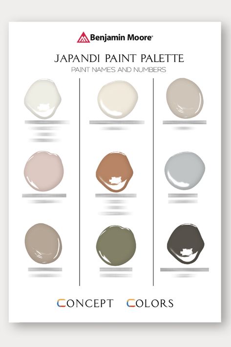 Japandi Benjamin Moore, Japandi Wall Paint, Japan Color Palette, Japandi Colors, Japandi Palette, Japan Scandinavian, Scandinavian Paint Colors, Japandi Exterior, Home Paint Palette