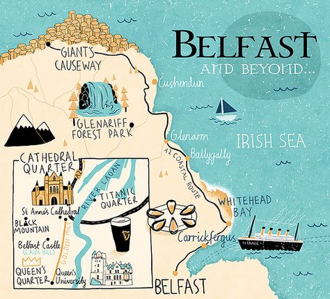 Illustrated Belfast Map                                                                                                                                                                                 More Ireland Illustration, Belfast Map, Illustration Culture, Travel Graphics, Celtic Ireland, Belfast Ireland, Illustrated Maps, Travel Ireland, Pictorial Maps