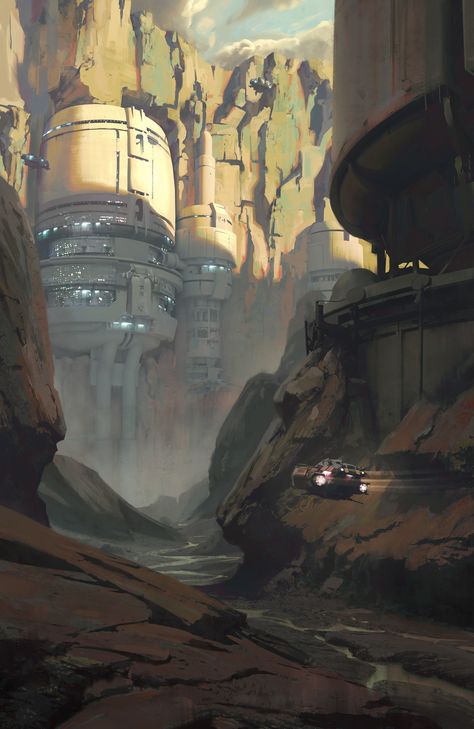 Using the rocky labyrinth in deserts of planet Augroth for natural concealment - "Brigands Canyon" - served as a smugglers stronghold and pirate hideaway for generations.   Was obviously studying Edgar Payne's work while I was painting this. Sci Fi Architecture, Sci Fi Landscape, Art Geek, Sci Fi City, Sci Fi Environment, Arte Punk, New Retro Wave, Star Wars Concept Art, Alien Worlds