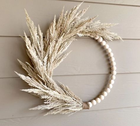 Neutral Front Door, Pampas Grass Wreath, Wood Bead Wreath, Beige Nursery, Bead Wreath, Grass Wreath, Ring Wreath, Boho Wreath, Makramee Diy