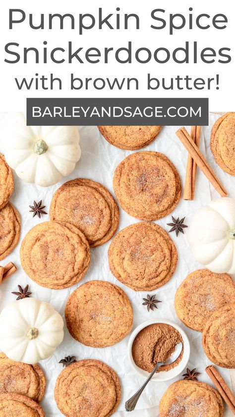 These brown butter pumpkin snickerdoodle cookies are soft, chewy, and full of fall flavors! They're like classic snickerdoodles but pumpkin! Chewy Brown Butter Pumpkin Snickerdoodles, Brown Butter Pumpkin Snickerdoodle Cookies, Fall Snickerdoodle Cookies, Butternut Cookies, Brown Butter Pumpkin Snickerdoodles, Brown Butter Snickerdoodle Cookies, Brown Butter Pumpkin Cookies, Pumpkin Snickerdoodle Cookies, Pumpkin Snickerdoodle Cookie Recipe